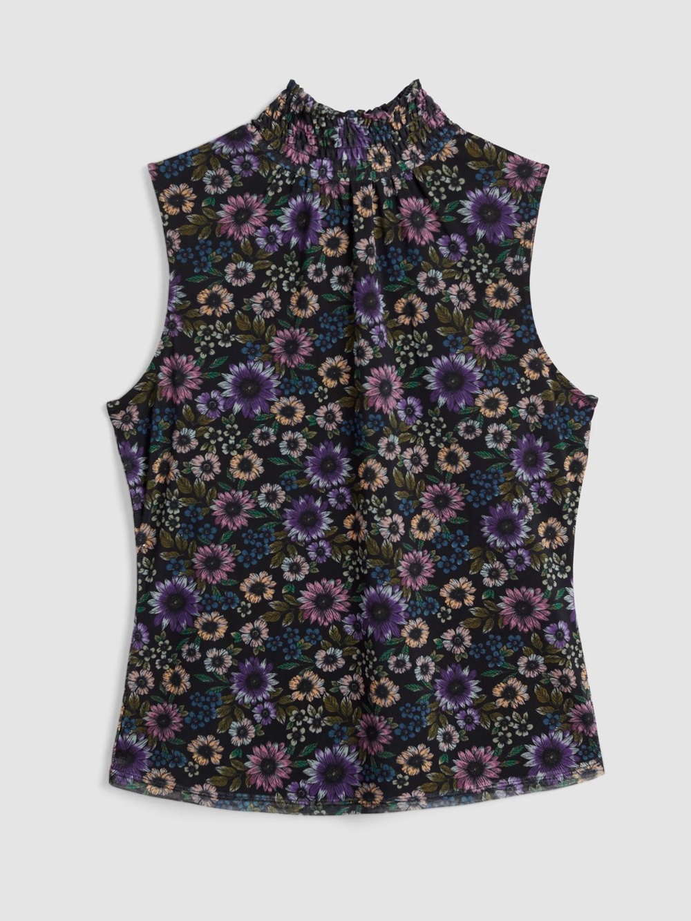 Sleeveless Mock-Neck Floral Cropped Jeans Top - Purple - Picture 5 of 10